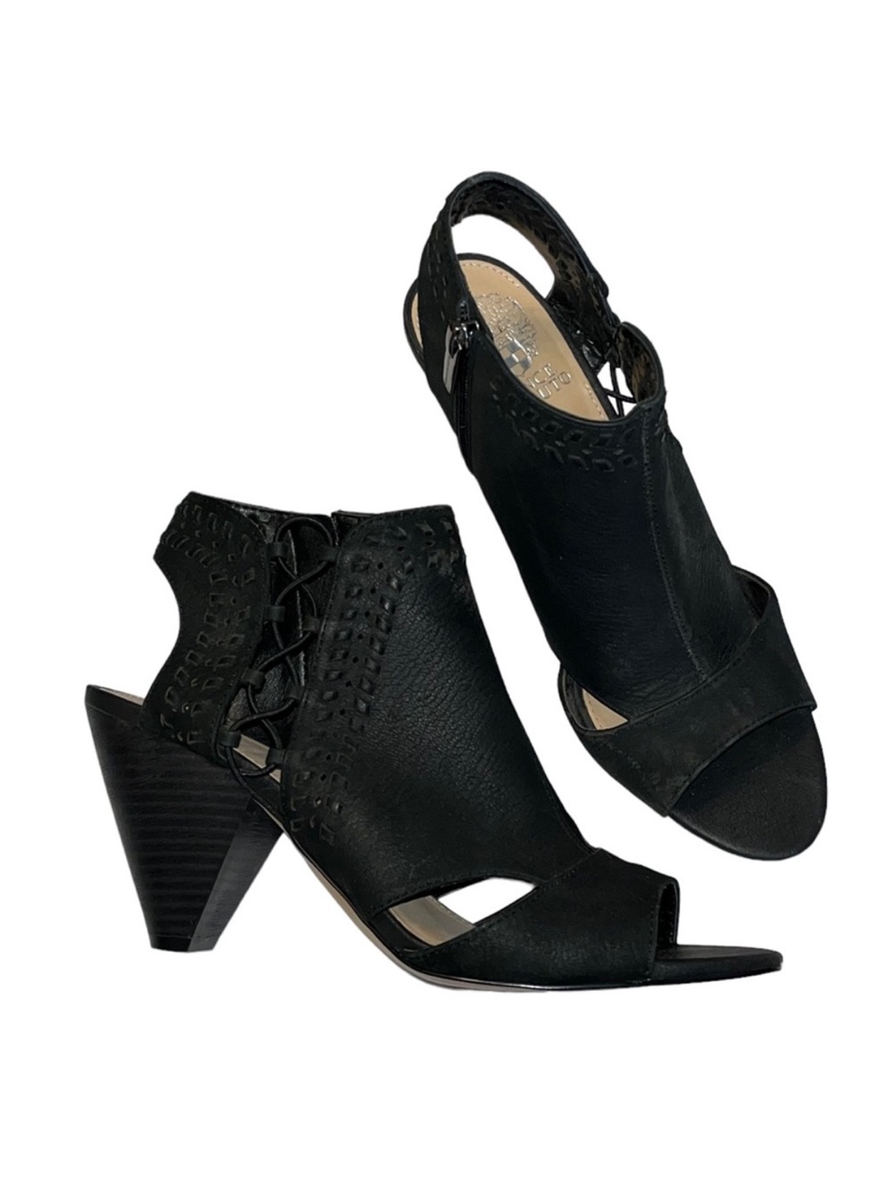 Vince Camuto Emmia Black Peep-Toe Wedge Heel Booties Size 8